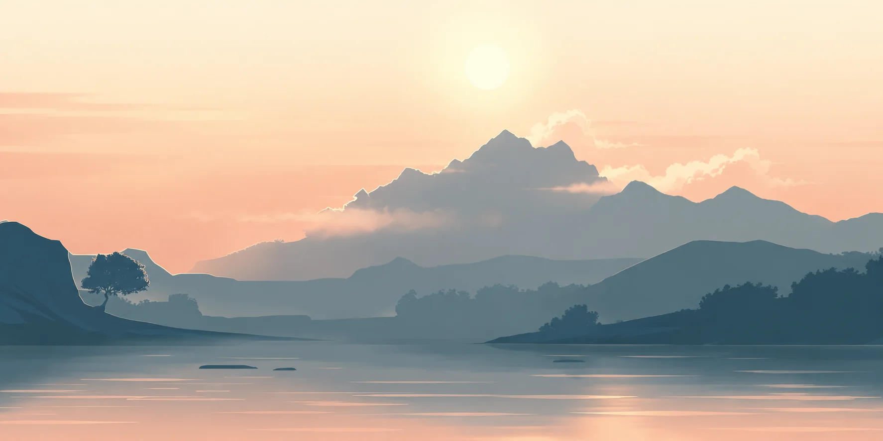 Sunrise over a still lake, a lone tree on the near ridge and a snow-capped peak beyond